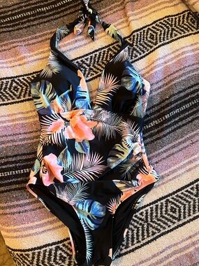 Girls' Black Tropical One-Piece Swimsuit with Pink & Blue Floral Print